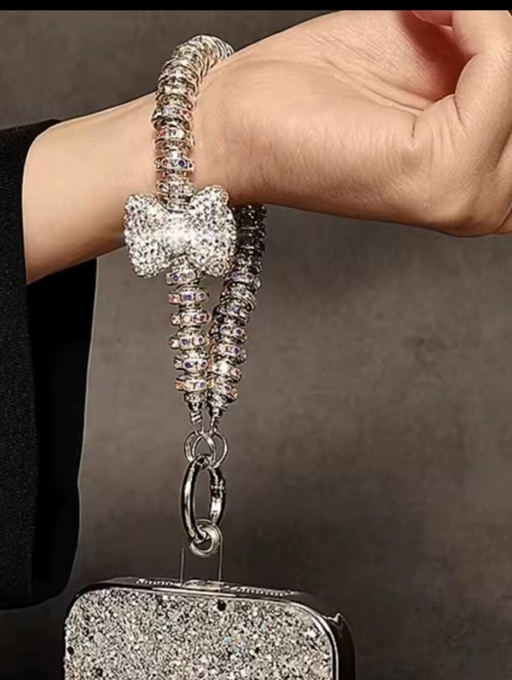 Rhinestone Silver Wristlet Phone Bag with Crystal Bow
